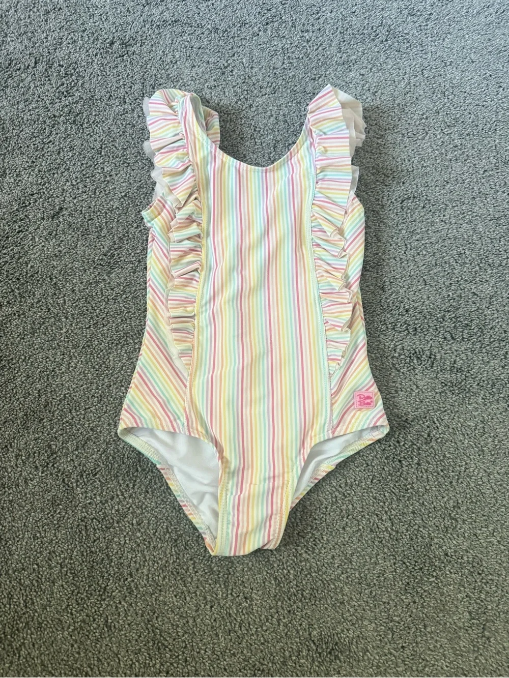 RuffleButts Pastel Striped Rainbow Ruffle One-Piece Swimsuit Sz 7